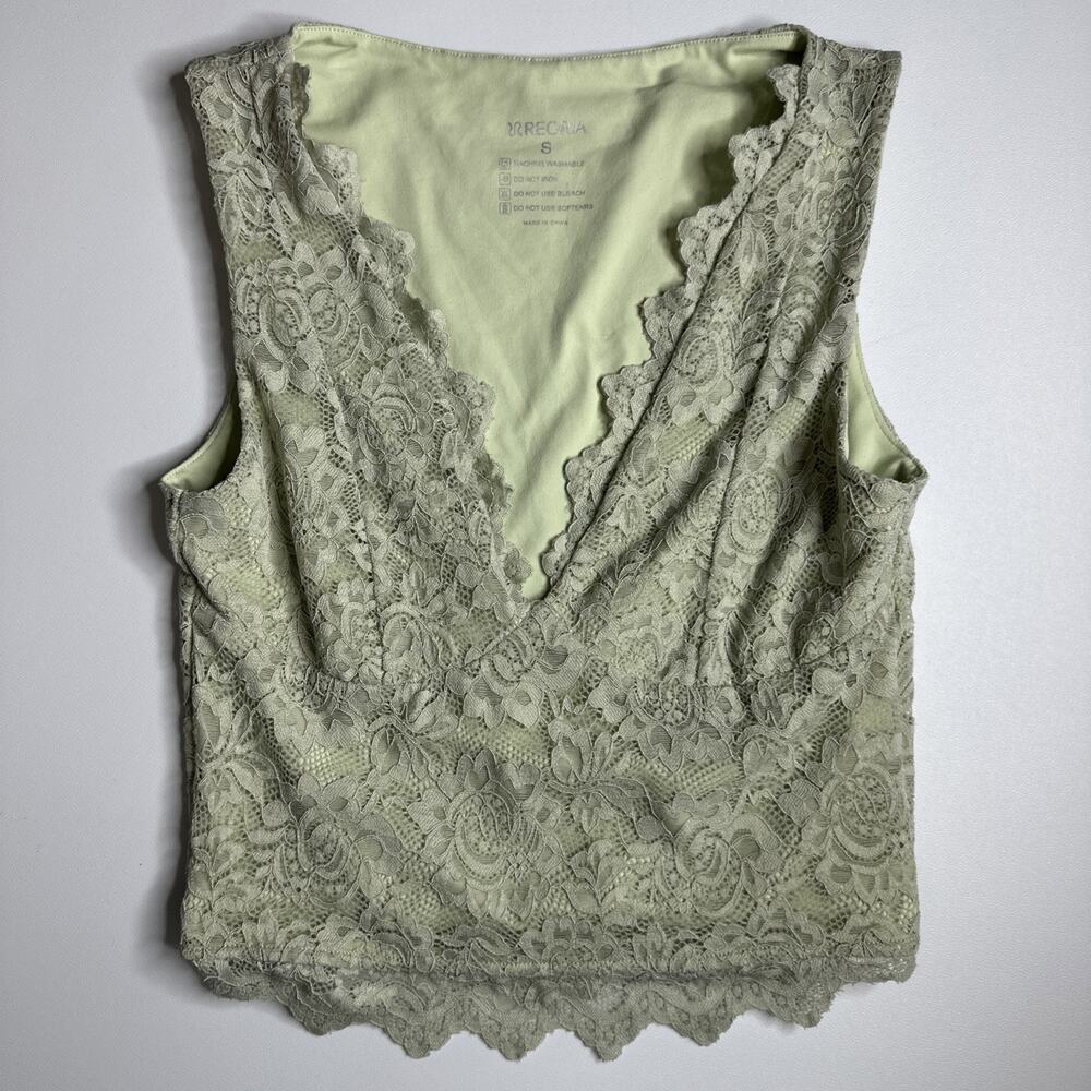 REORIA Olive Green Lace Camisole Top S Sheer Lined Floral V-Neck Y2K Tank Crop